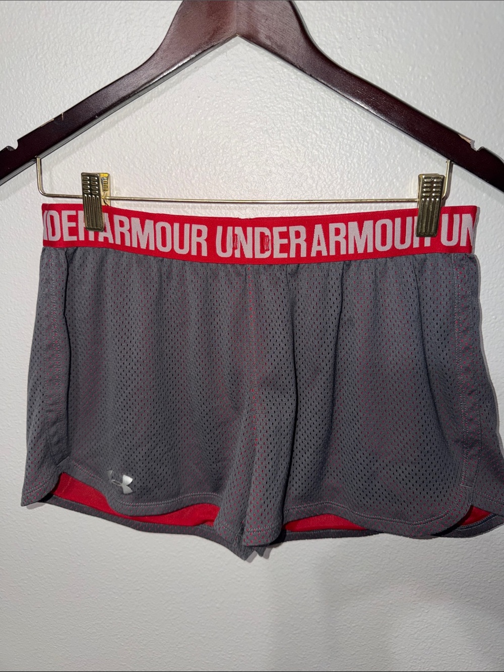 Under Armour Gray Athletic Mesh Shorts with Red Waistband